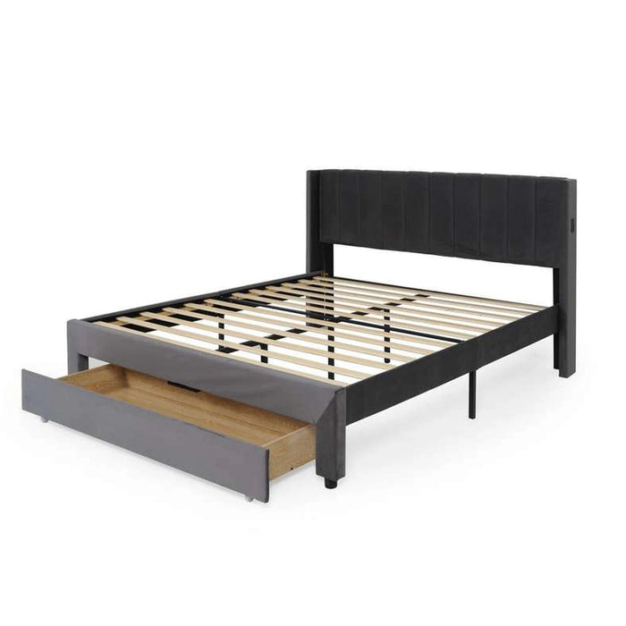 Syran Smart Queen Bed With 1 Drawer - Grey Pan Home