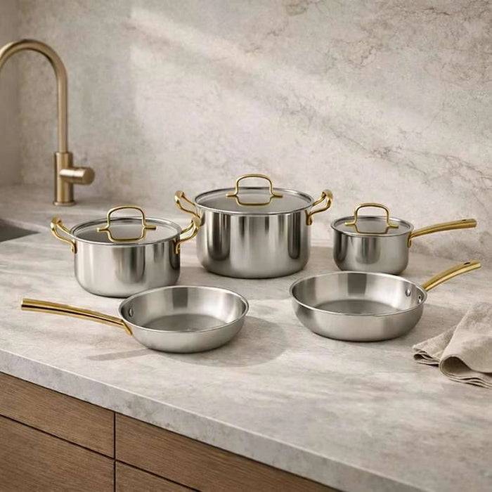 Syros Triply Stainless Steel 8-Piece Cookware Set -Chrome & Gold