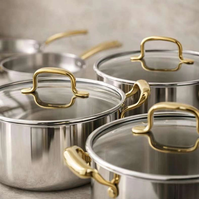 Syros Triply Stainless Steel 8-Piece Cookware Set -Chrome & Gold