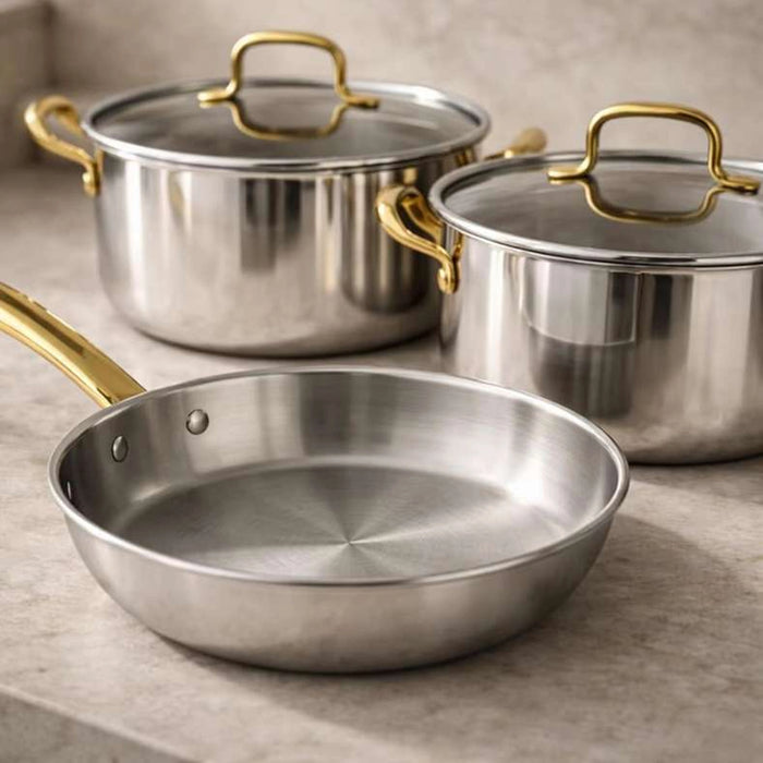 Syros Triply Stainless Steel 8-Piece Cookware Set -Chrome & Gold