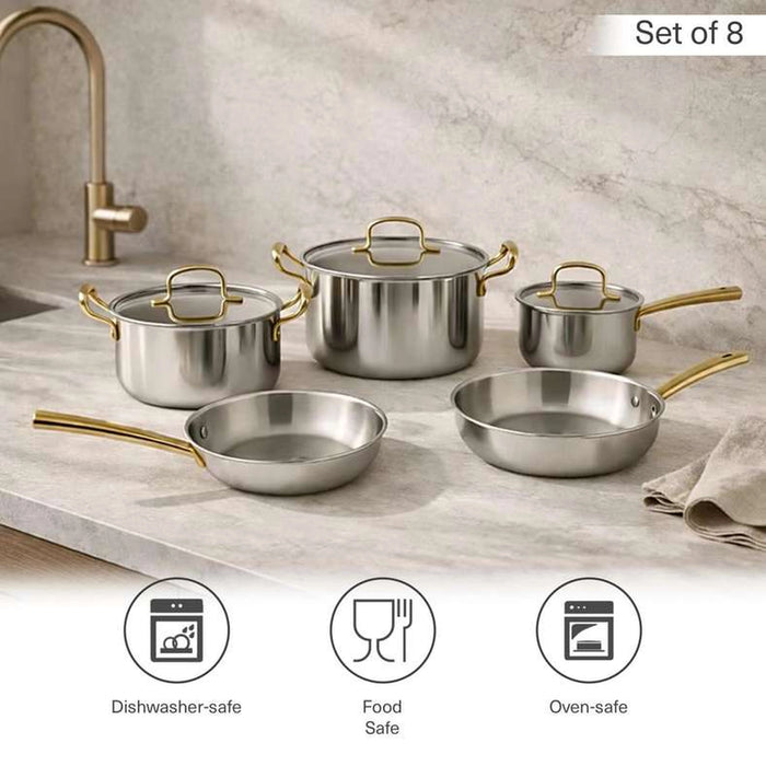 Syros Triply Stainless Steel 8-Piece Cookware Set -Chrome & Gold