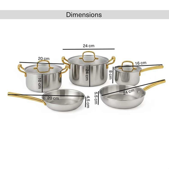 Syros Triply Stainless Steel 8-Piece Cookware Set -Chrome & Gold