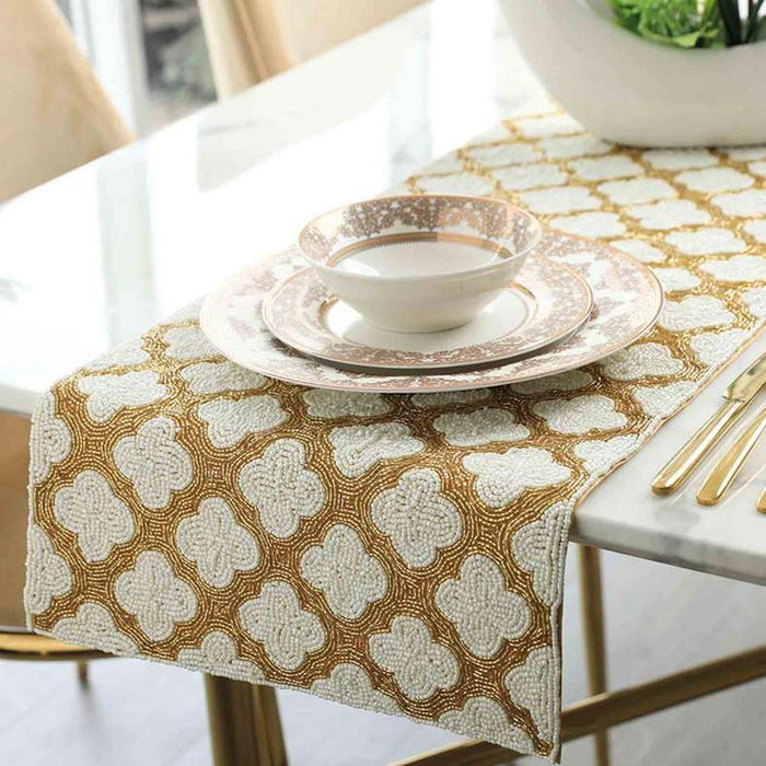 Tabriz Beaded Table Runner 33X91Cm-Ivory Gold