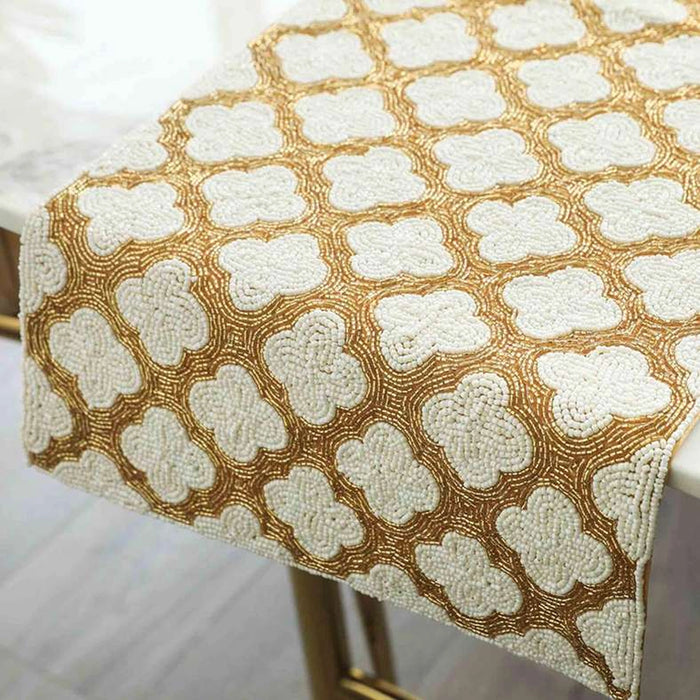 Tabriz Beaded Table Runner 33X91Cm-Ivory Gold