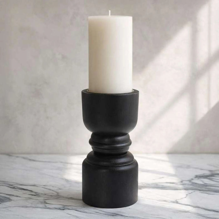 Tanga Wood Dumble Pillar Candle Holder 9.52X9.52X23.49Cm - Black