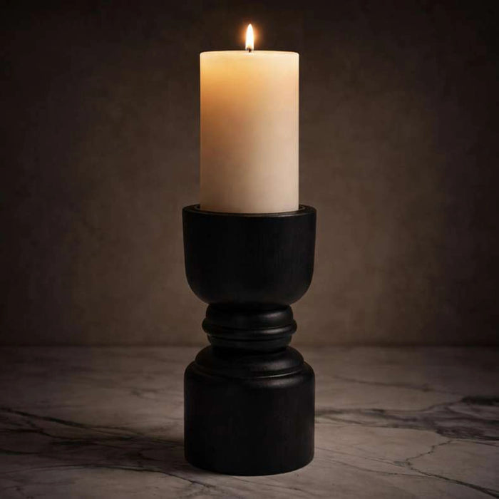 Tanga Wood Dumble Pillar Candle Holder 9.52X9.52X23.49Cm - Black