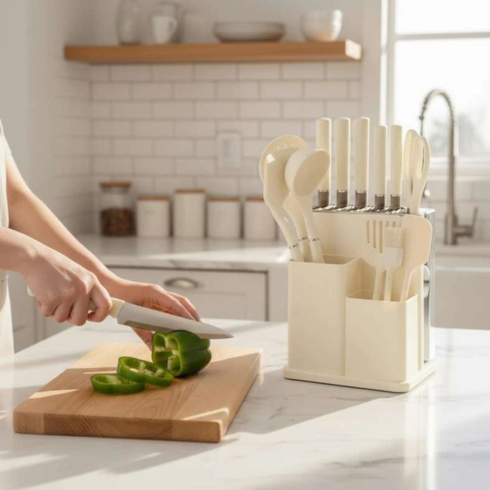 Teagan 14-Piece Knife Block Set With Kitchen Utensils- Cream & Chrome