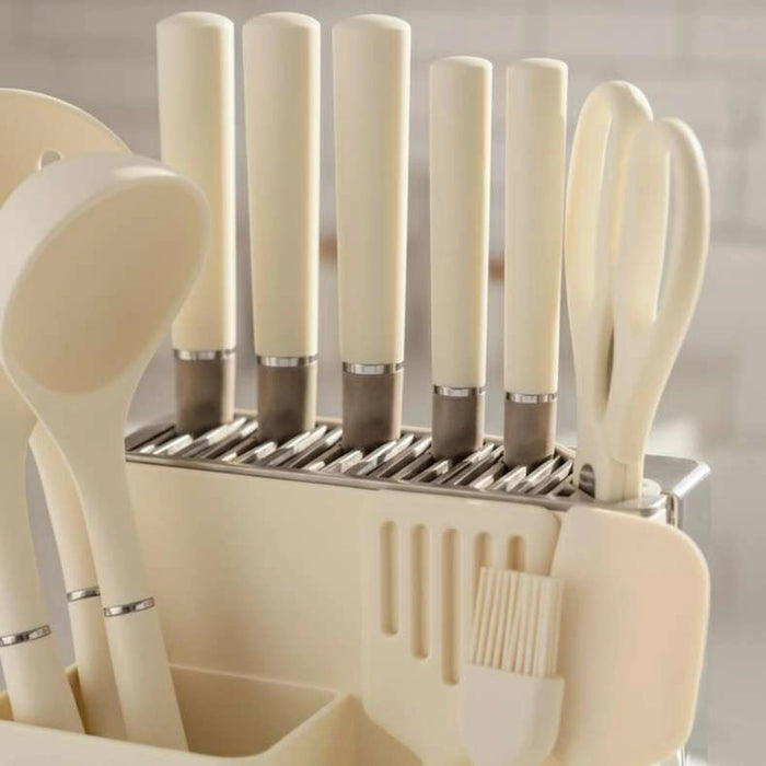 Teagan 14-Piece Knife Block Set With Kitchen Utensils- Cream & Chrome