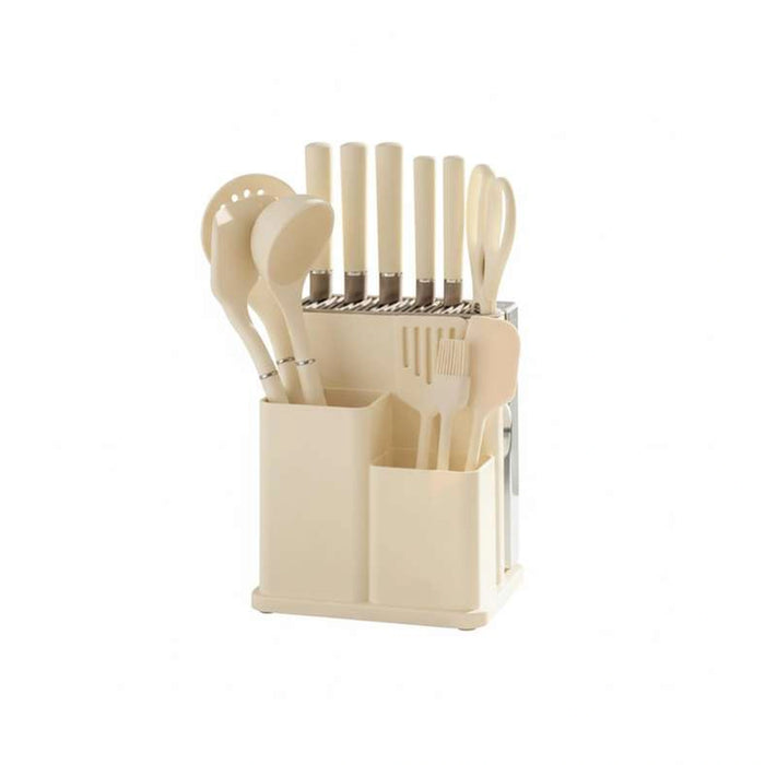 Teagan 14-Piece Knife Block Set With Kitchen Utensils- Cream & Chrome