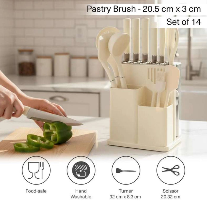 Teagan 14-Piece Knife Block Set With Kitchen Utensils- Cream & Chrome