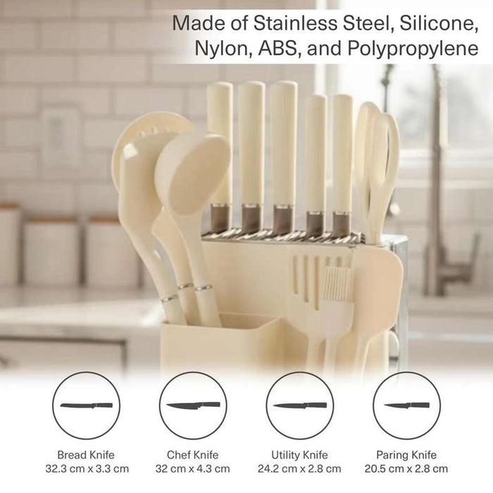 Teagan 14-Piece Knife Block Set With Kitchen Utensils- Cream & Chrome