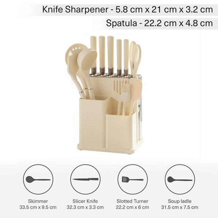 Teagan 14-Piece Knife Block Set With Kitchen Utensils- Cream & Chrome