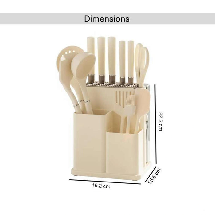 Teagan 14-Piece Knife Block Set With Kitchen Utensils- Cream & Chrome