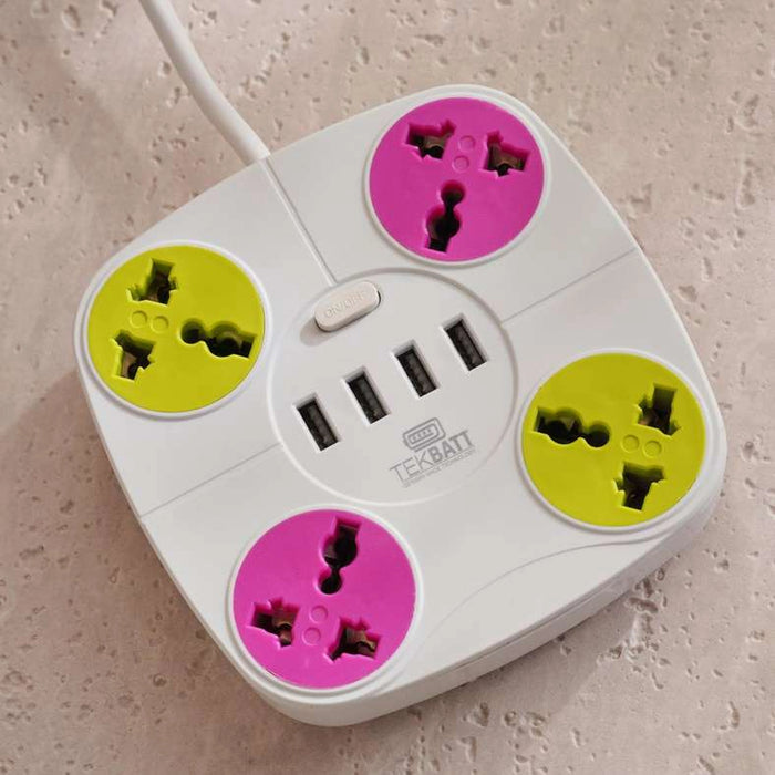 Tekbatt 4-Way Universal Extension With 4-Usb Port 2M - White