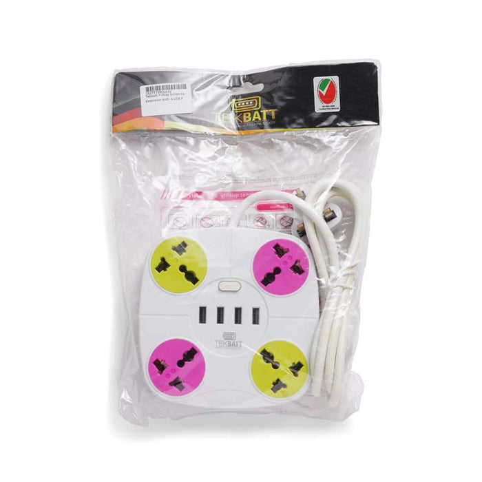 Tekbatt 4-Way Universal Extension With 4-Usb Port 2M - White
