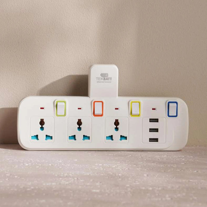 Tekbatt Universal 3-Way Adaptor With 3-Usb Port - White