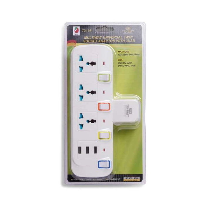 Tekbatt Universal 3-Way Adaptor With 3-Usb Port - White