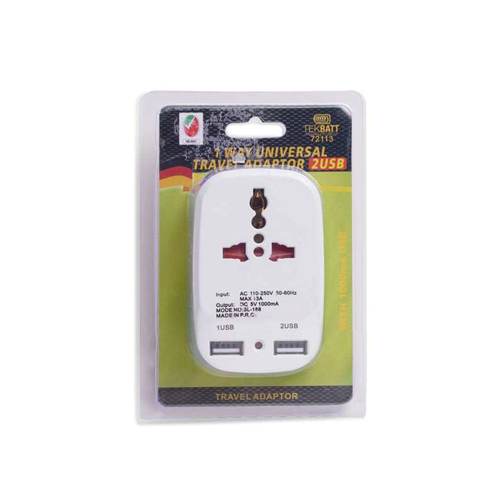 Tekbatt Universal Travel Adaptor With 2-Usb Port - White
