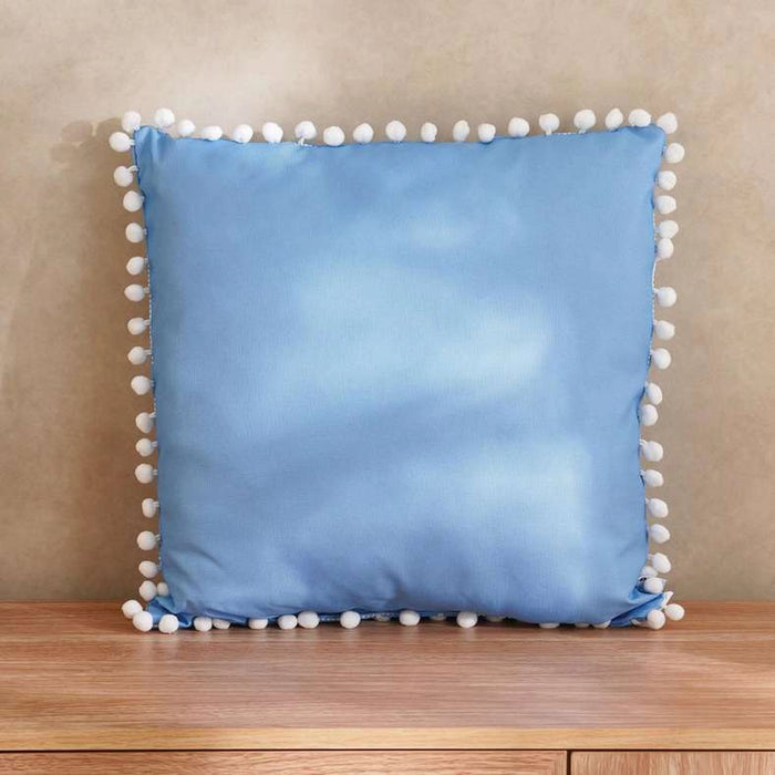Tonal Water Repellant Solid Pom Pom Trimmed Outdoor Filled Cushion 45X45Cm - Blue