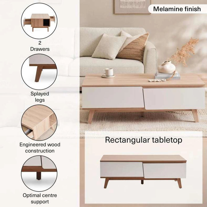 Troya Coffee Table With 2 Drawer Melamine - White Natural