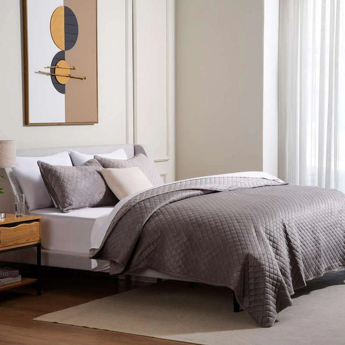 Veronica 3-Piece Velvet Quilted Bedspread Set 160X220Cm - Grey