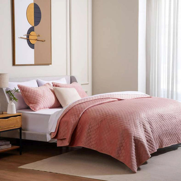 Veronica 3-Piece Velvet Quilted Bedspread Set 160X220Cm - Rose