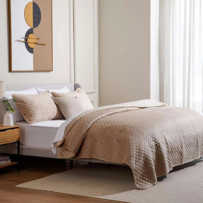 Veronica 3-Piece Velvet Quilted Bedspread Set 220X240Cm - Beige
