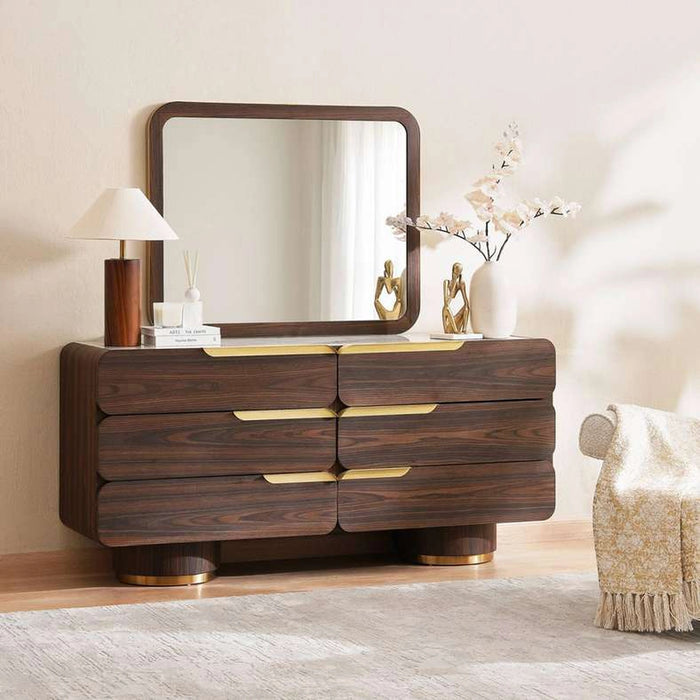 Vienna Dresser With 6 Drawers And Mirror Ceramic- Brown & Gold ~ Brown