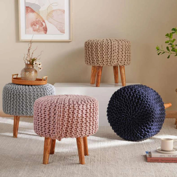 Vivian Cable Knit Foot Stool 40X40 Cm -Beige