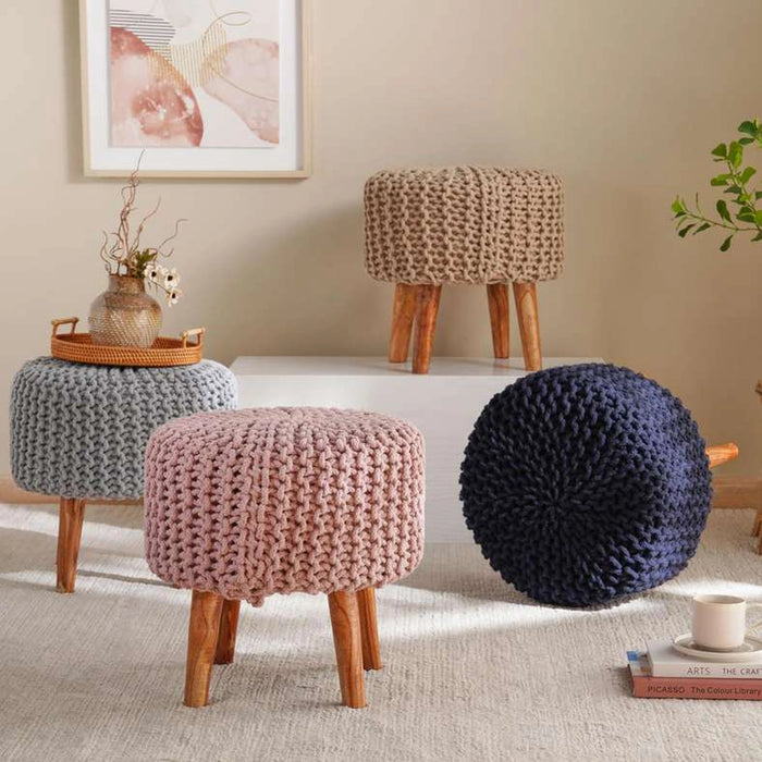 Vivian Cable Knit Foot Stool 40X40 Cm -Grey