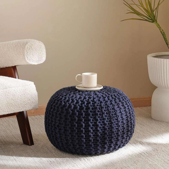 Vivian Cable Knit Round Pouf 50X50X40 Cm- Blue