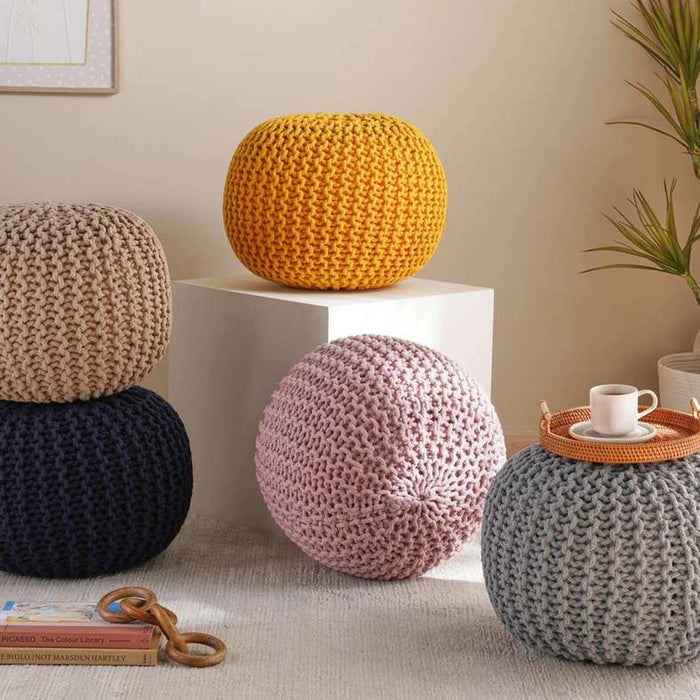 Vivian Cable Knit Round Pouf 50X50X40 Cm- Grey