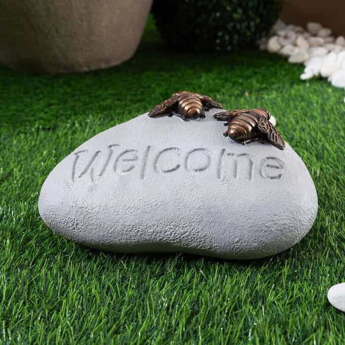Welcome Resin Garden Pebble With Bees 23.2X15.2X9.8Cm - Grey