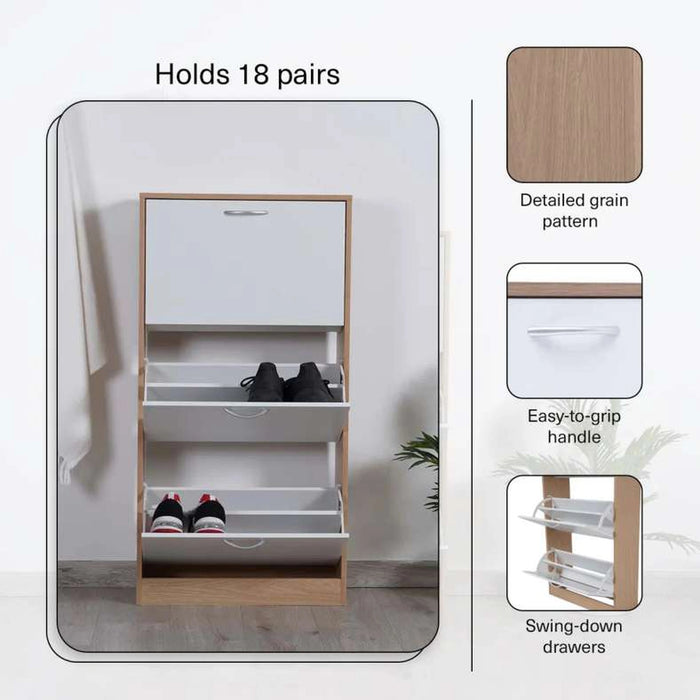 Whitmor Shoe Rack 18 Pairs With 3 Drawer - White Natural
