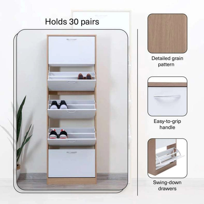 Whitmor Shoe Rack 30 Pairs With 5 Drawer - White Natural Pan Home