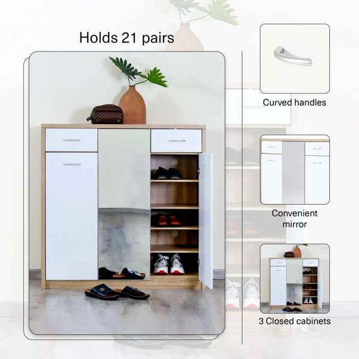 Winado Shoe Rack 21 Pairs With Mirror - White Natural