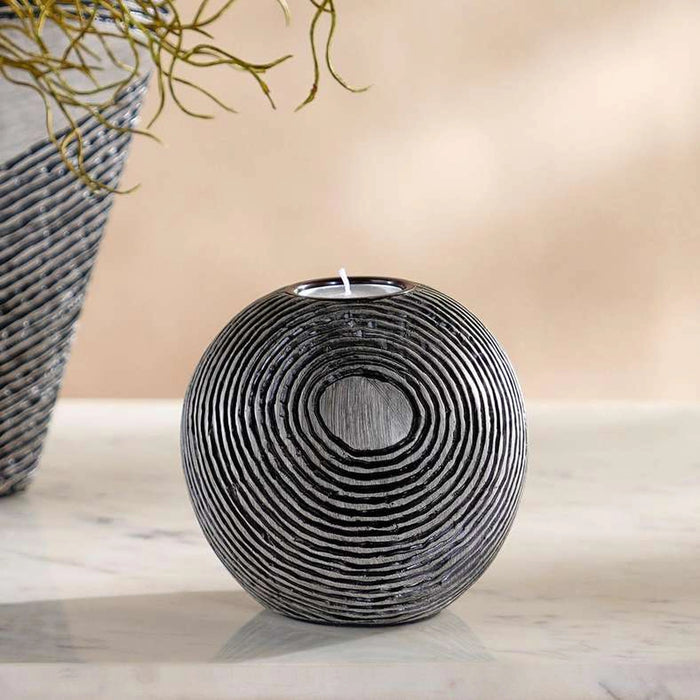 Xavier Polyresin Concentric Ribbed Candle Holder 12.5X12.5X11.5Cm - Black