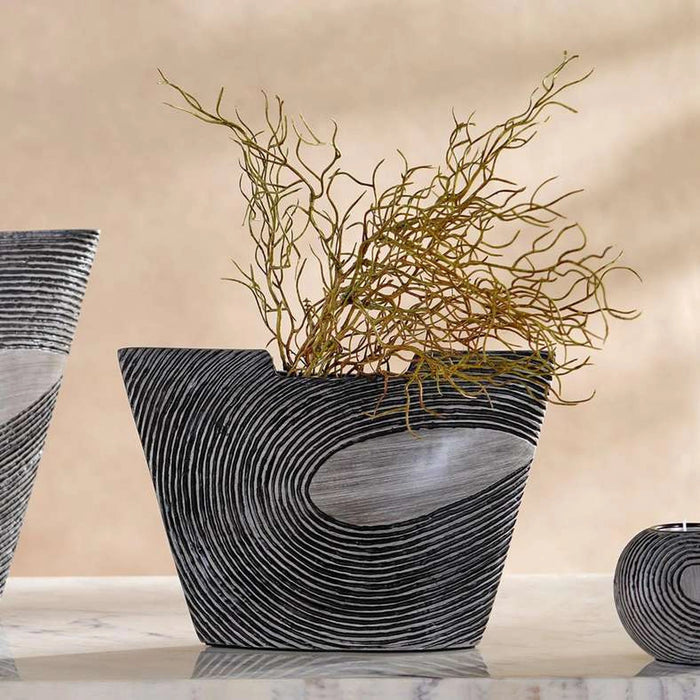 Xavier Polyresin Concentric Ribbed Vase Thin 30.5X9.5X19.5Cm - Black