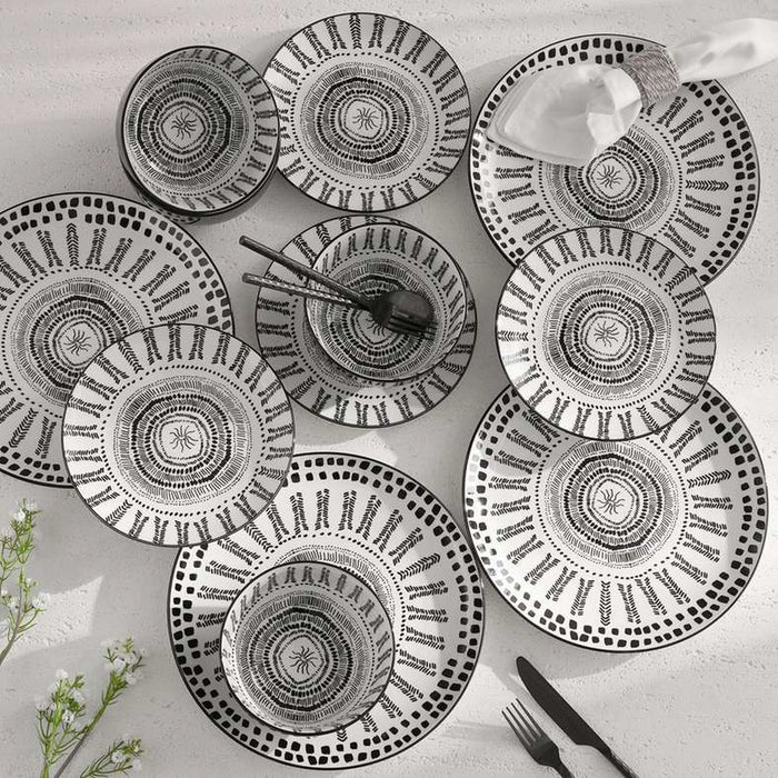 Yora Ethnic 12-Piece Porcelain Dinner Set -White & Black