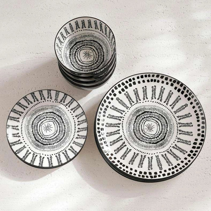 Yora Ethnic 12-Piece Porcelain Dinner Set -White & Black