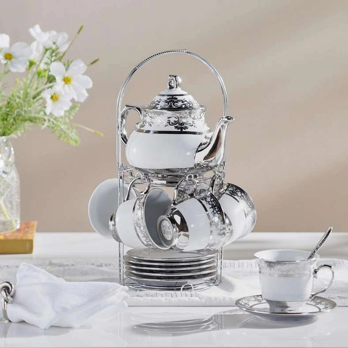 Zaki 14-Piece Tea Set - Cup 220Ml + Pot 950Ml -White & Chrome
