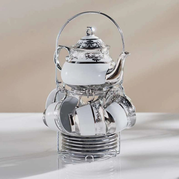 Zaki 14-Piece Tea Set - Cup 220Ml + Pot 950Ml -White & Chrome