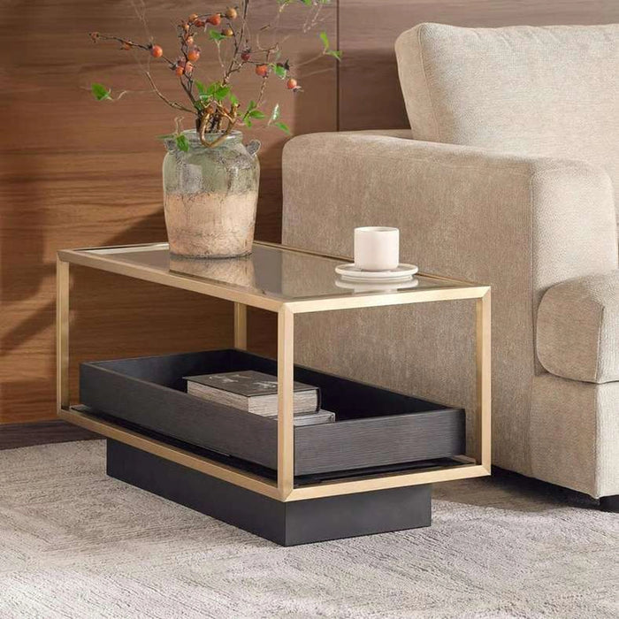 Zarol Sofa Corner End Table Tempered Glass - Gold & Brown