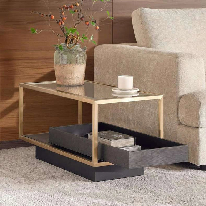 Zarol Sofa Corner End Table Tempered Glass - Gold & Brown