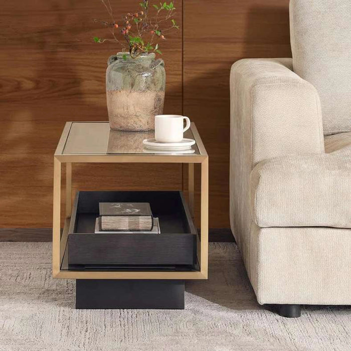 Zarol Sofa Corner End Table Tempered Glass - Gold & Brown