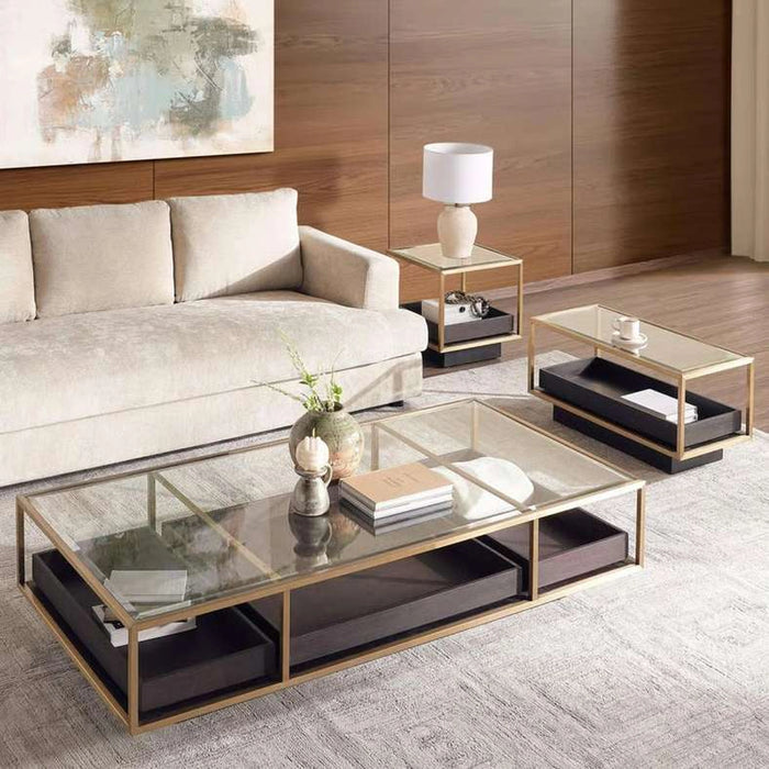 Zarol Sofa Corner End Table Tempered Glass - Gold & Brown