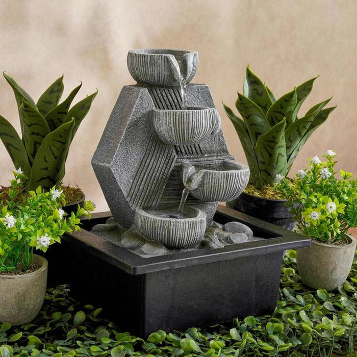 Zene Polyresin Table Fountain With Yellow Light 21X17X25Cm- Grey