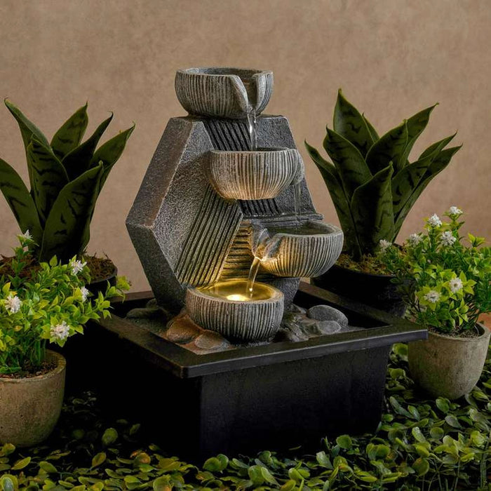 Zene Polyresin Table Fountain With Yellow Light 21X17X25Cm- Grey
