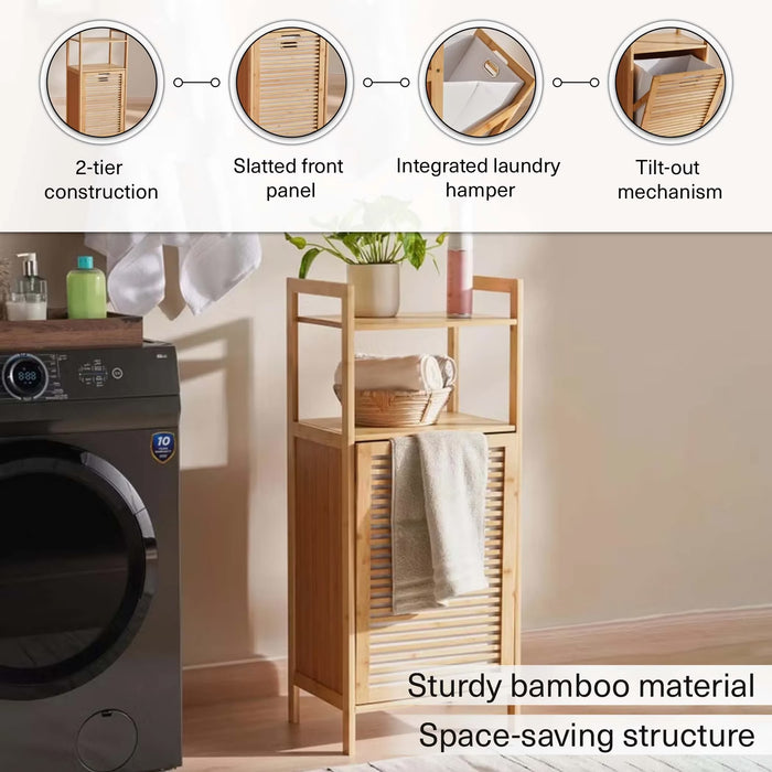 Zora 2 Tier Bamboo Shelf With Laundry Hamper 40X30X95Cm-Natural