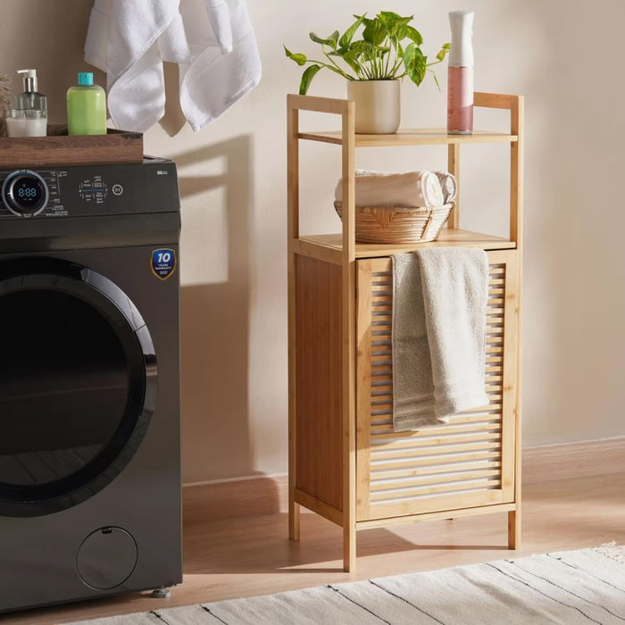 Zora 2 Tier Bamboo Shelf With Laundry Hamper 40X30X95Cm-Natural